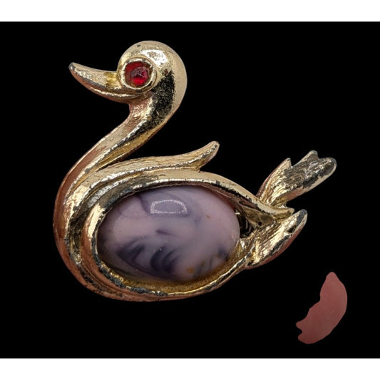 Vintage Swan Brooch Rhinestone Eye Stone Belly Lilac Red Gold