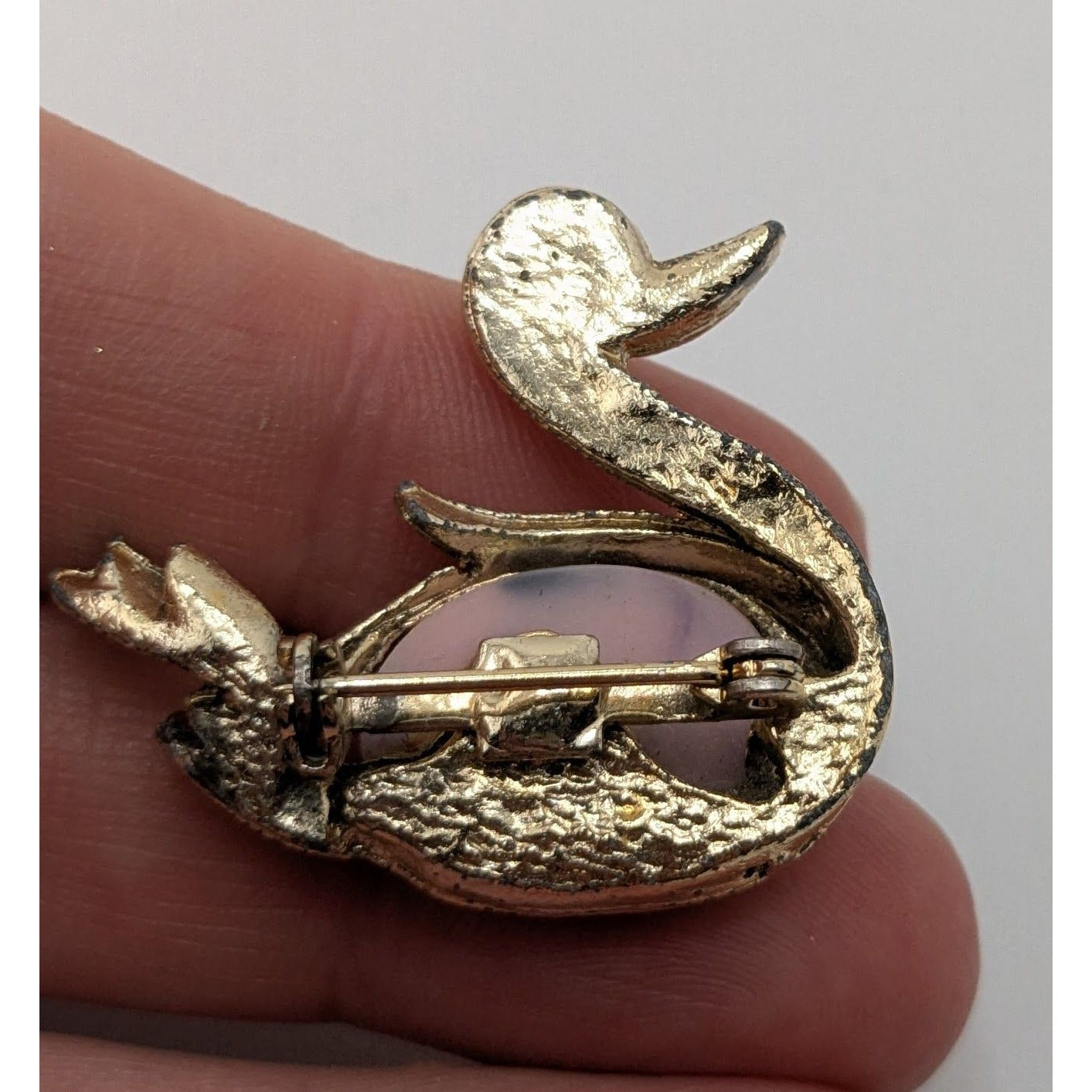 Vintage Swan Brooch Rhinestone Eye Stone Belly Lilac Red Gold