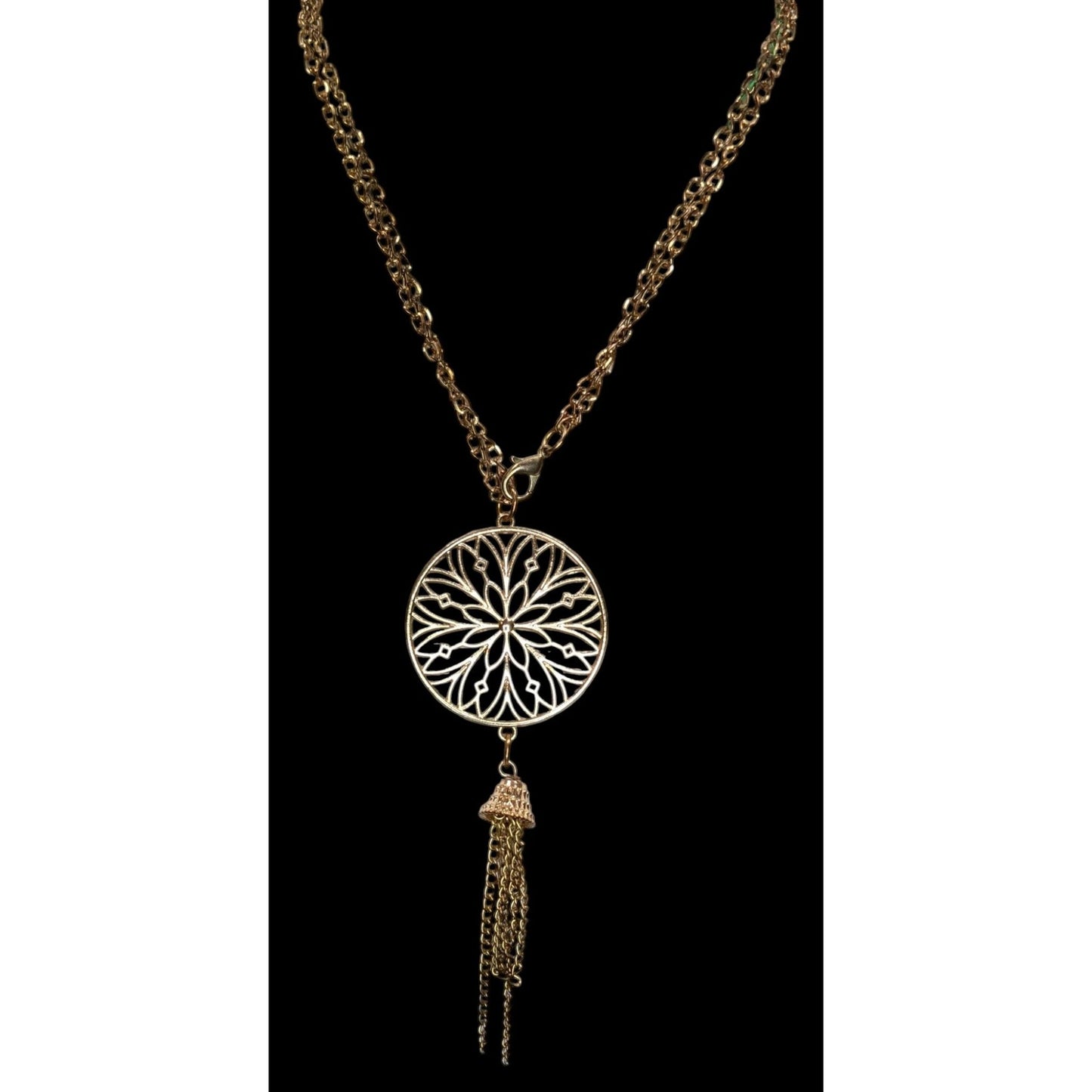 Vintage Floral Medallion Tassel Pendant Necklace Gold Tone Boho Statement Jewelry