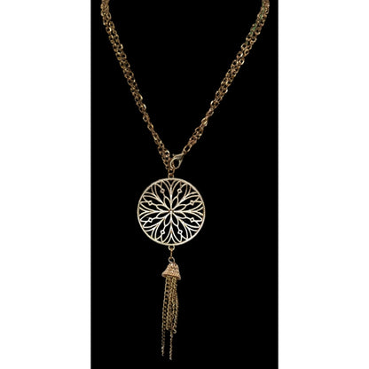 Vintage Floral Medallion Tassel Pendant Necklace Gold Tone Boho Statement Jewelry