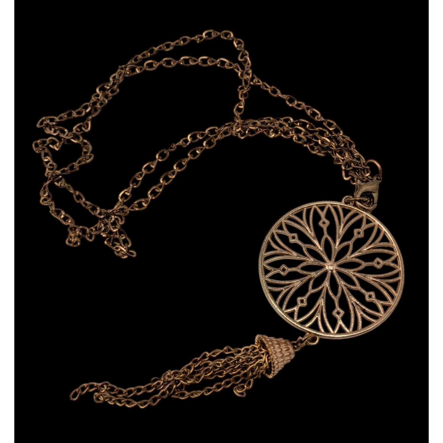 Vintage Floral Medallion Tassel Pendant Necklace Gold Tone Boho Statement Jewelry