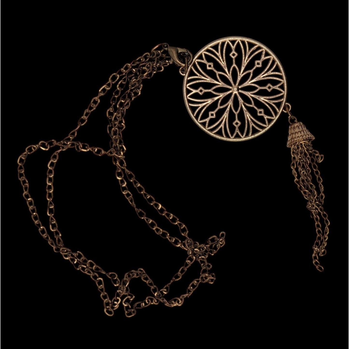 Vintage Floral Medallion Tassel Pendant Necklace Gold Tone Boho Statement Jewelry