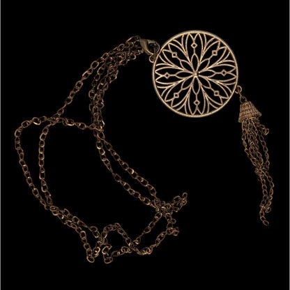 Vintage Floral Medallion Tassel Pendant Necklace Gold Tone Boho Statement Jewelry