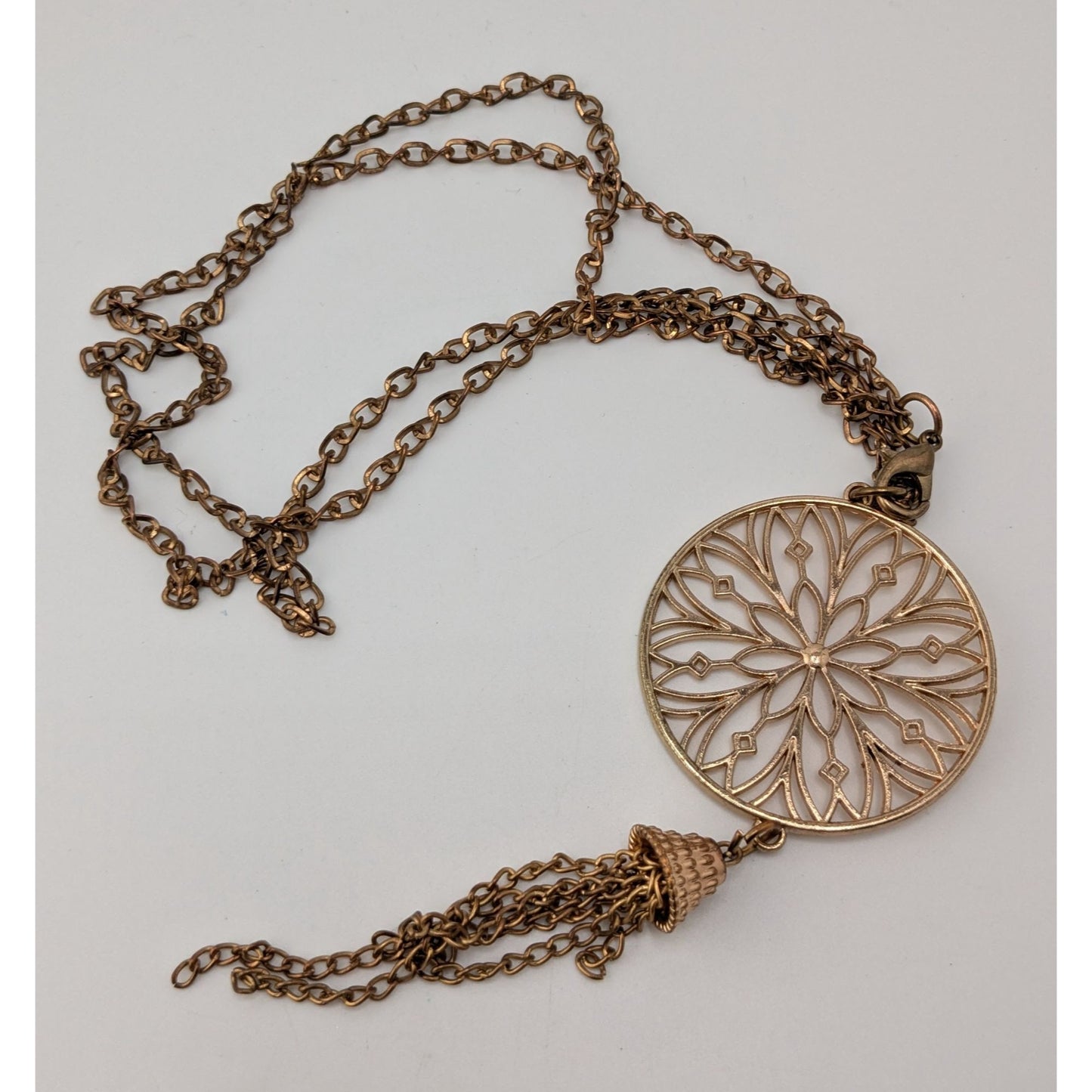 Vintage Floral Medallion Tassel Pendant Necklace Gold Tone Boho Statement Jewelry