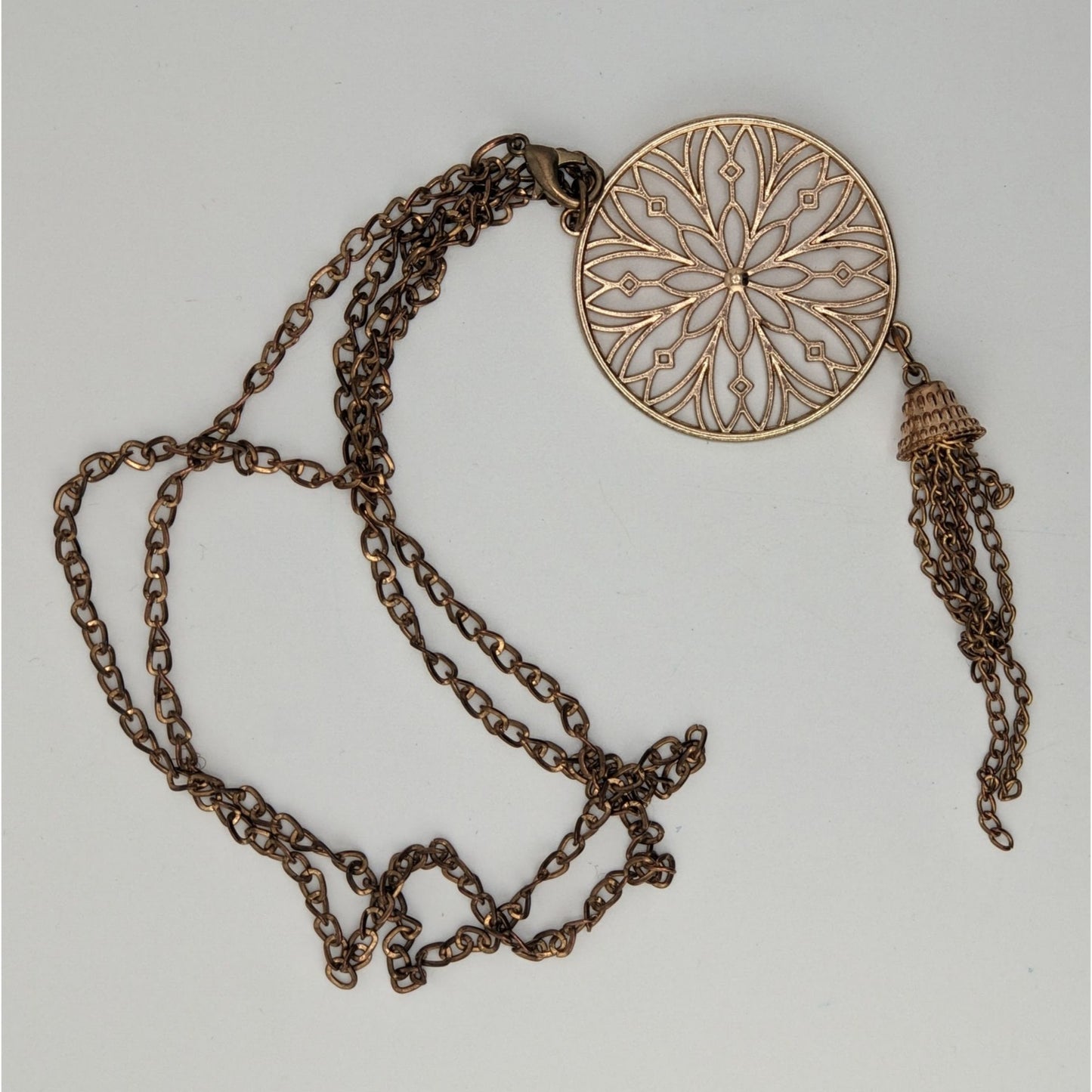 Vintage Floral Medallion Tassel Pendant Necklace Gold Tone Boho Statement Jewelry