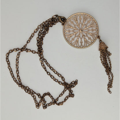Vintage Floral Medallion Tassel Pendant Necklace Gold Tone Boho Statement Jewelry