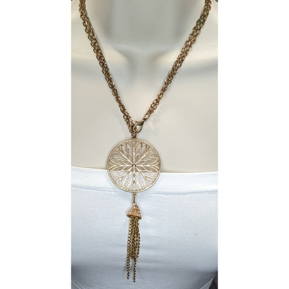 Vintage Floral Medallion Tassel Pendant Necklace Gold Tone Boho Statement Jewelry