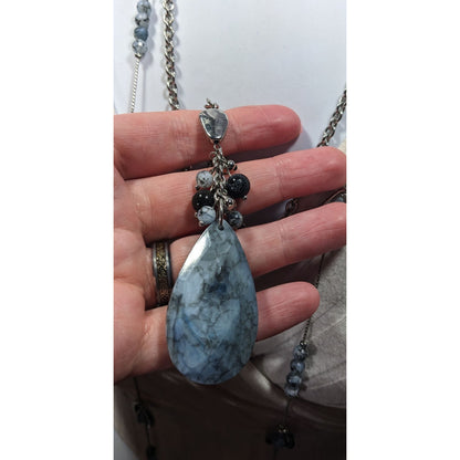 Chico's Blue Stone Teardrop And Charm Silver Tone Chain Necklace