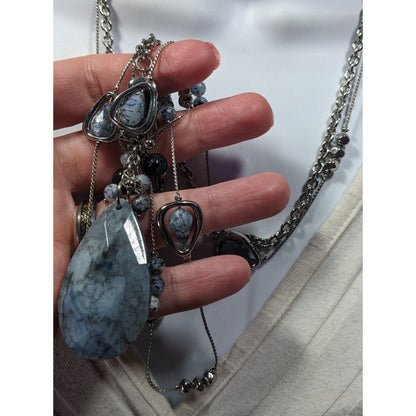 Chico's Blue Stone Teardrop And Charm Silver Tone Chain Necklace