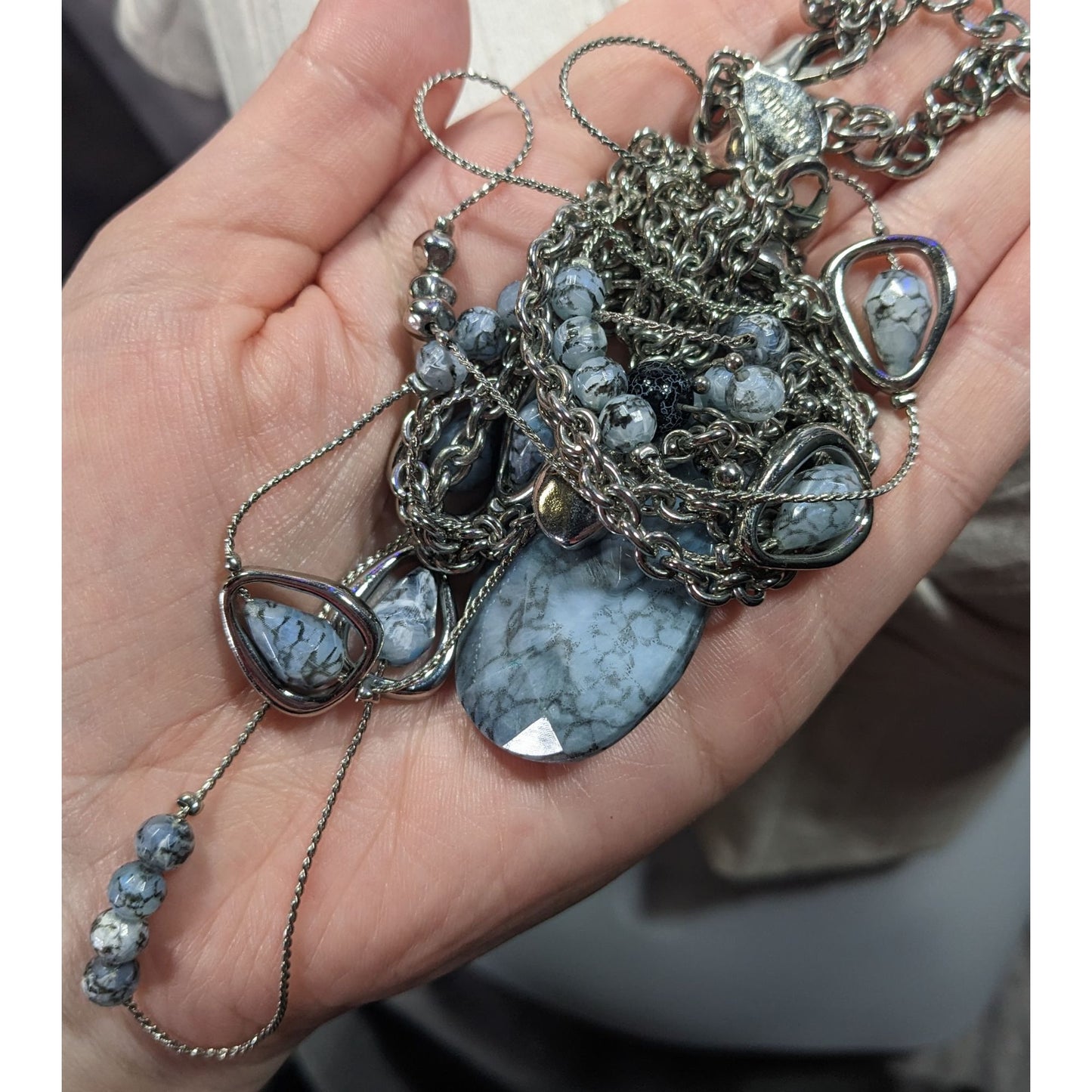 Chico's Blue Stone Teardrop And Charm Silver Tone Chain Necklace