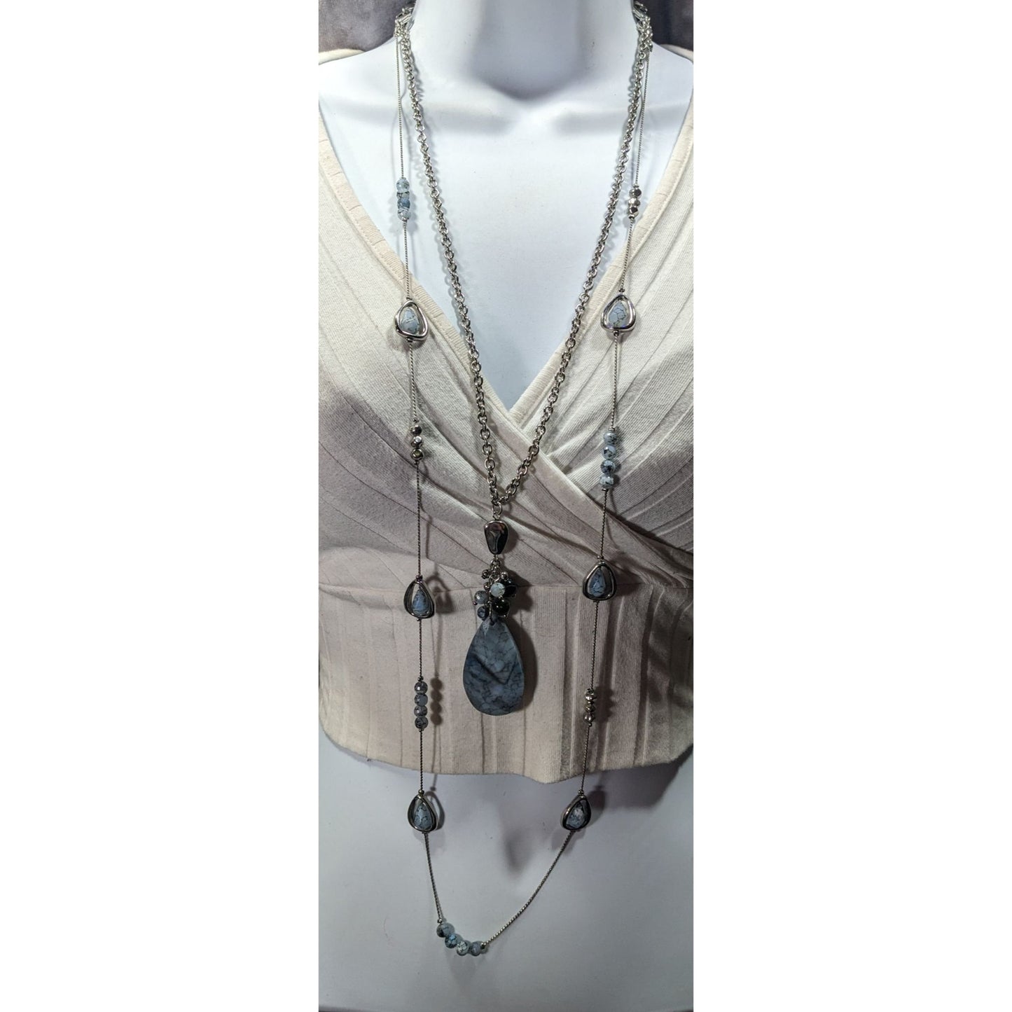 Chico's Blue Stone Teardrop And Charm Silver Tone Chain Necklace
