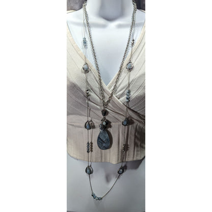 Chico's Blue Stone Teardrop And Charm Silver Tone Chain Necklace