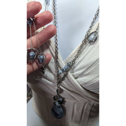 Chico's Blue Stone Teardrop And Charm Silver Tone Chain Necklace