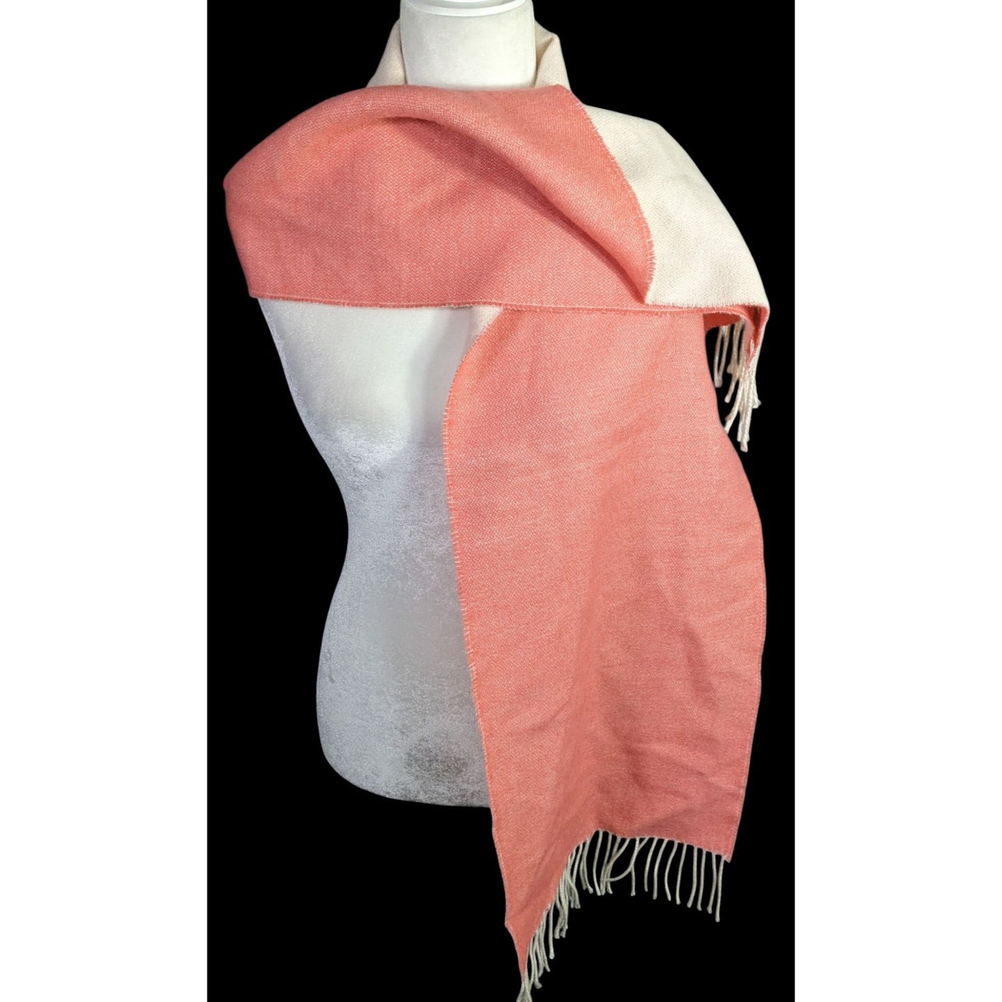 Simply Natural Designs Reversible Baby Alpaca Scarf Coral & White 65"x12" 3" Fringe Made In Peru