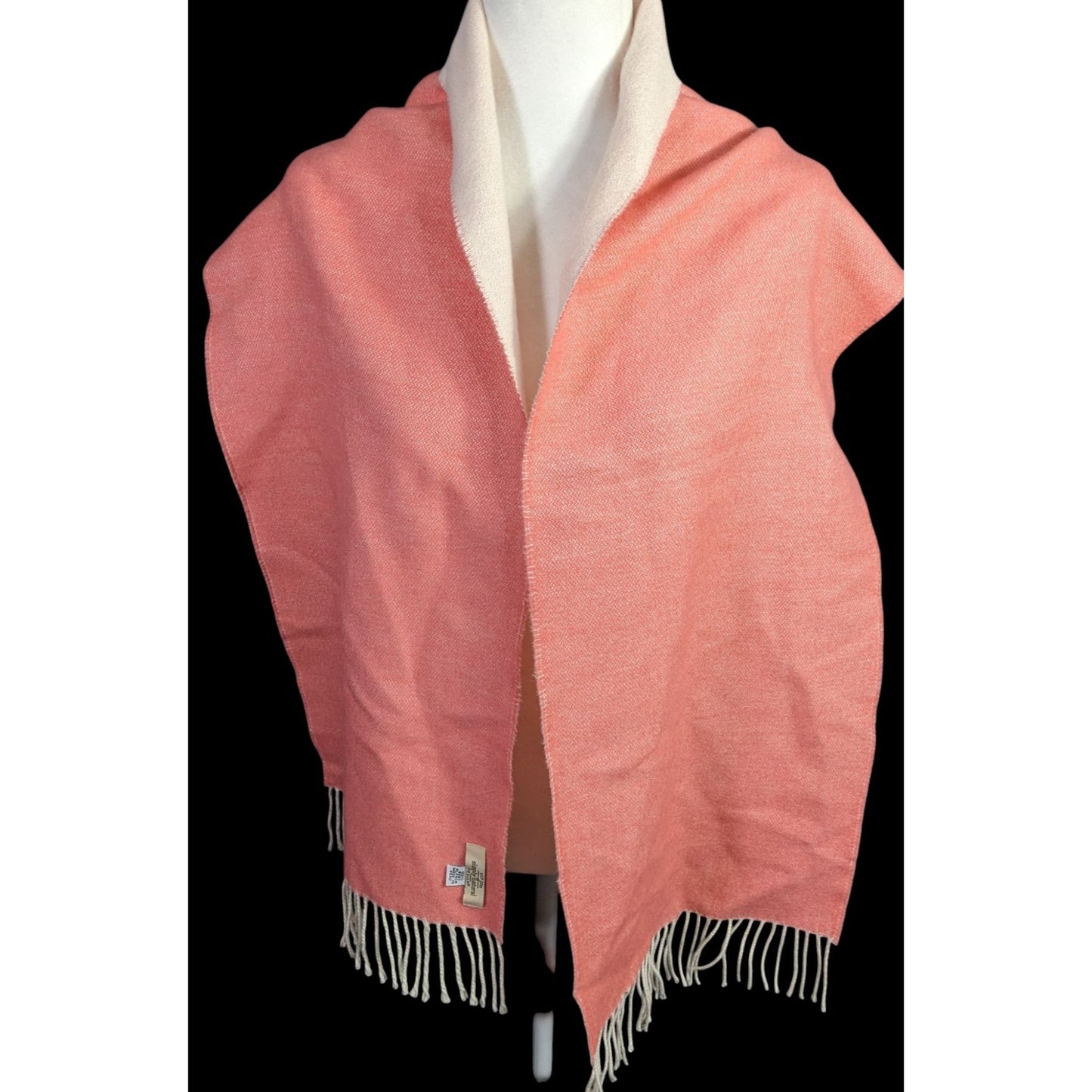 Simply Natural Designs Reversible Baby Alpaca Scarf Coral & White 65"x12" 3" Fringe Made In Peru