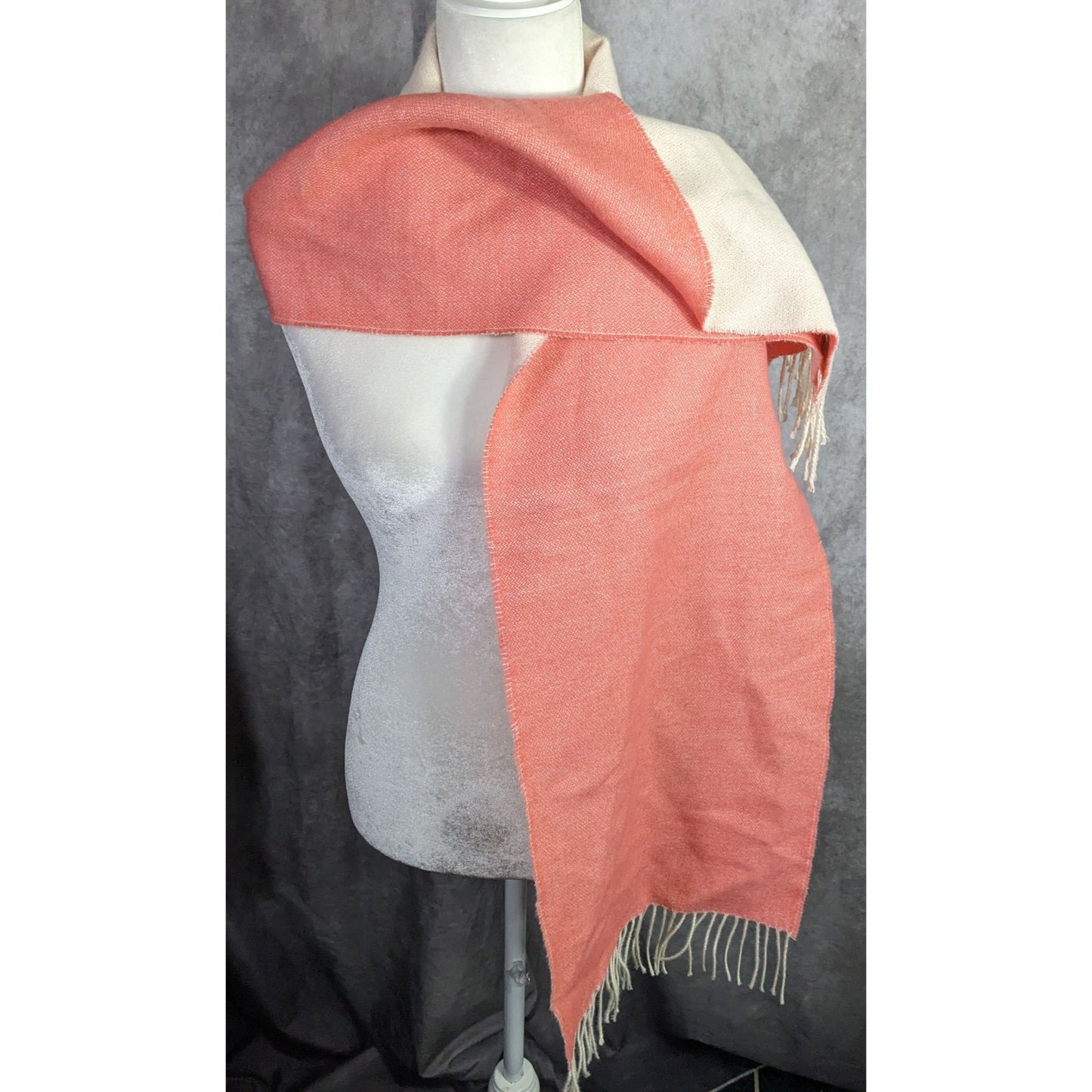 Simply Natural Designs Reversible Baby Alpaca Scarf Coral & White 65"x12" 3" Fringe Made In Peru