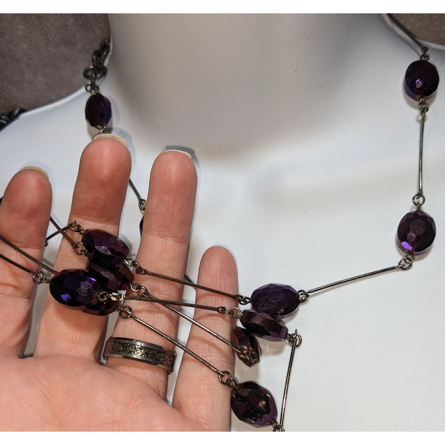 Charming Charlie Gothic Purple Faceted Bead Station Necklace