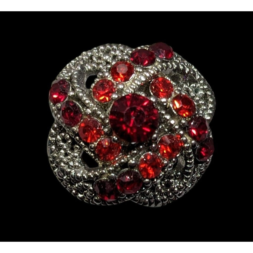 Gothic Vampire Knot Ring Silver Tone With Red Stones Adjustable Size 7