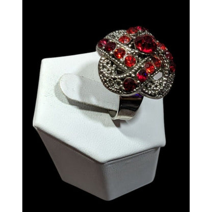 Gothic Vampire Knot Ring Silver Tone With Red Stones Adjustable Size 7
