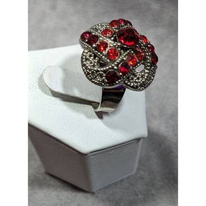 Gothic Vampire Knot Ring Silver Tone With Red Stones Adjustable Size 7
