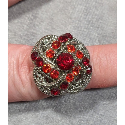 Gothic Vampire Knot Ring Silver Tone With Red Stones Adjustable Size 7