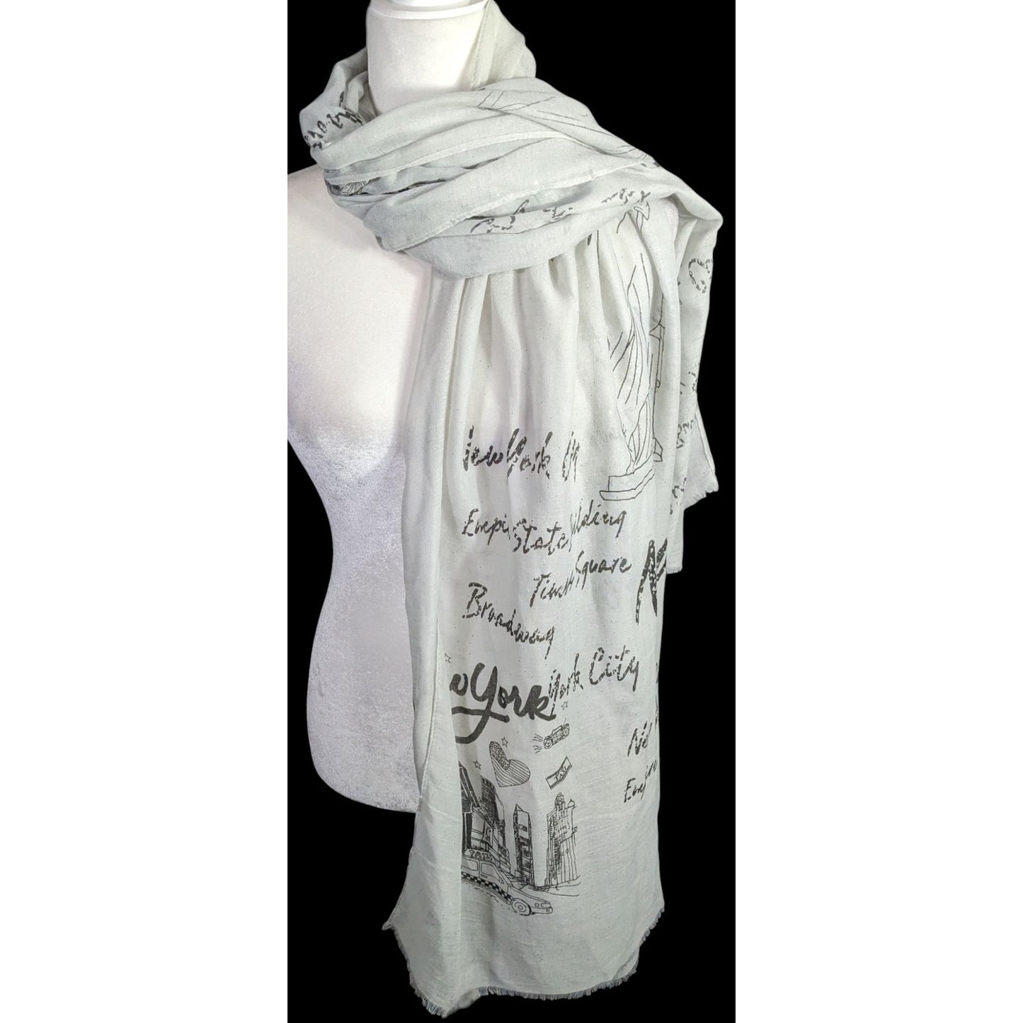 New York City Souvenir Scarf Statue Of Liberty & Skyline Print Glitter Accents Grey 73"x28"