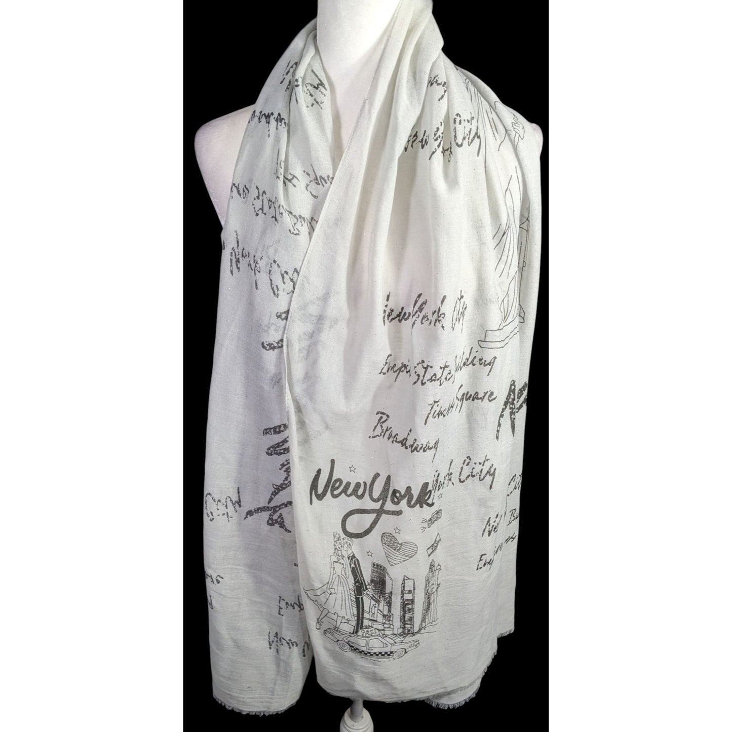 New York City Souvenir Scarf Statue Of Liberty & Skyline Print Glitter Accents Grey 73"x28"