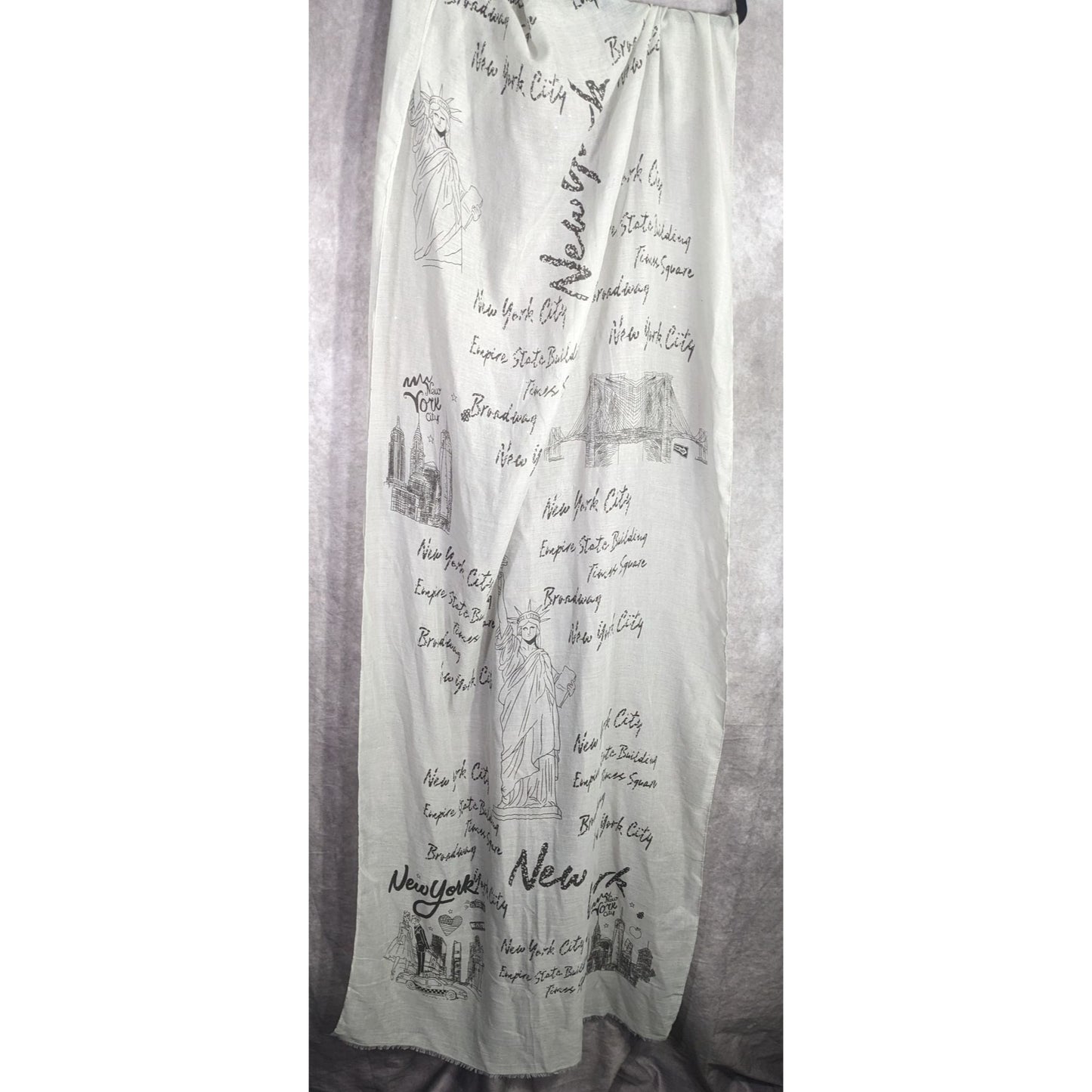 New York City Souvenir Scarf Statue Of Liberty & Skyline Print Glitter Accents Grey 73"x28"