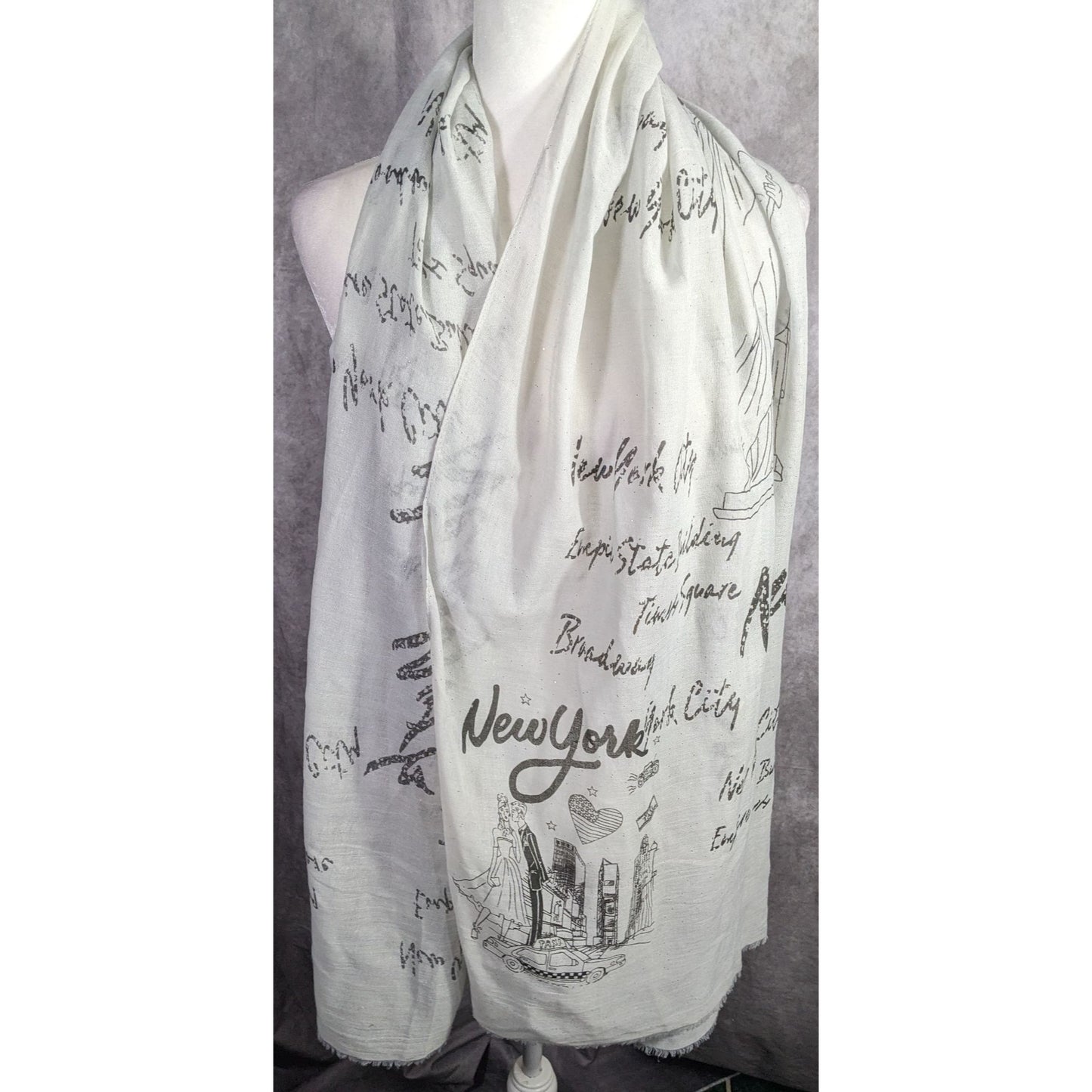 New York City Souvenir Scarf Statue Of Liberty & Skyline Print Glitter Accents Grey 73"x28"