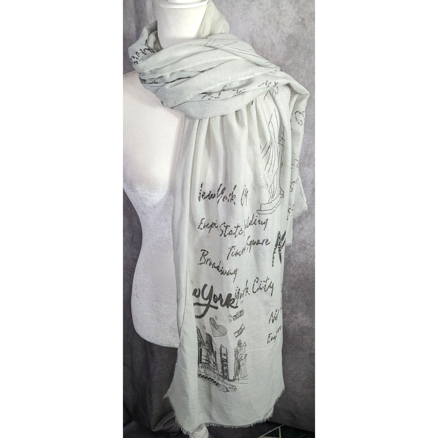 New York City Souvenir Scarf Statue Of Liberty & Skyline Print Glitter Accents Grey 73"x28"