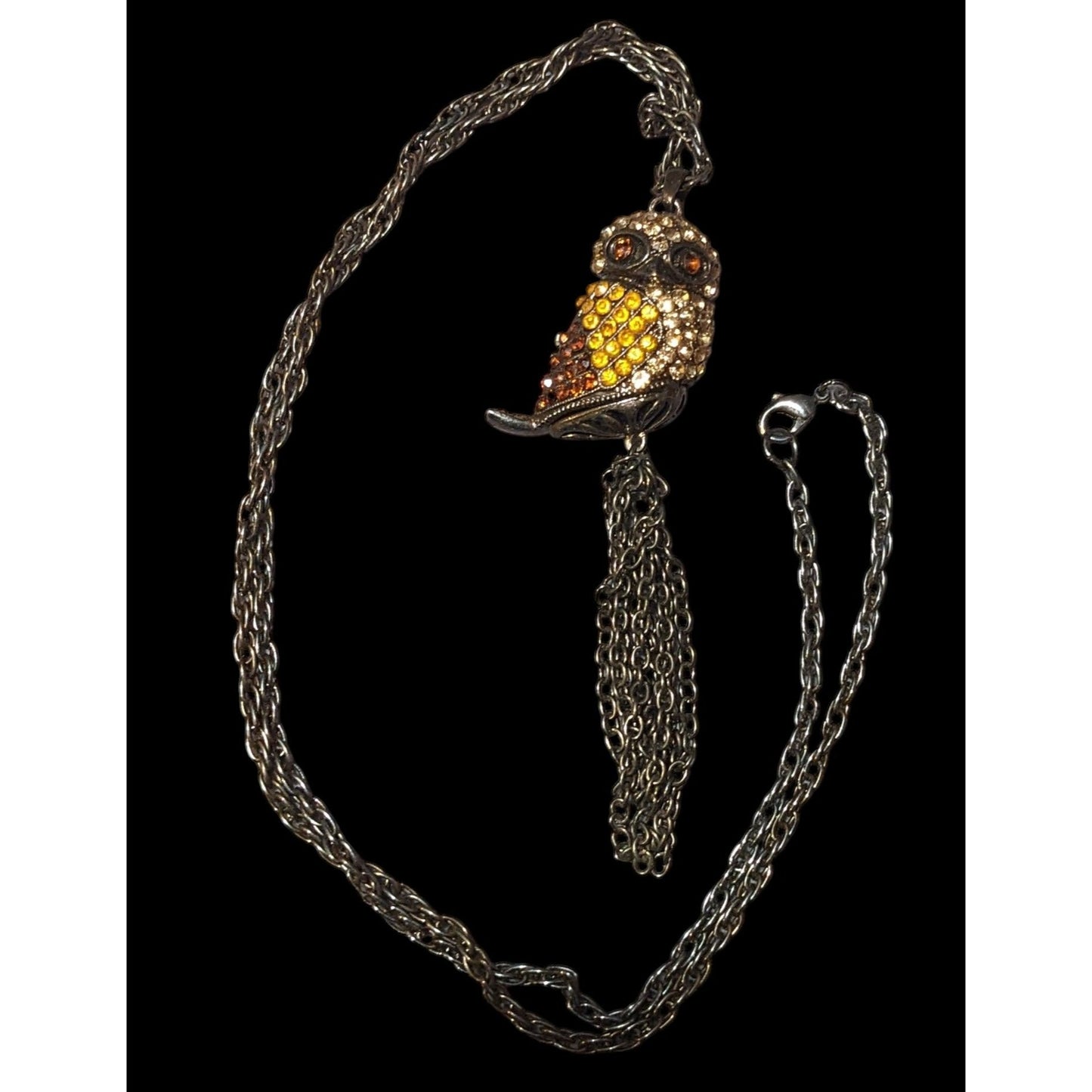 Vintage 3D Rhinestone Antiqued Gold Tone Owl Tassel Necklace