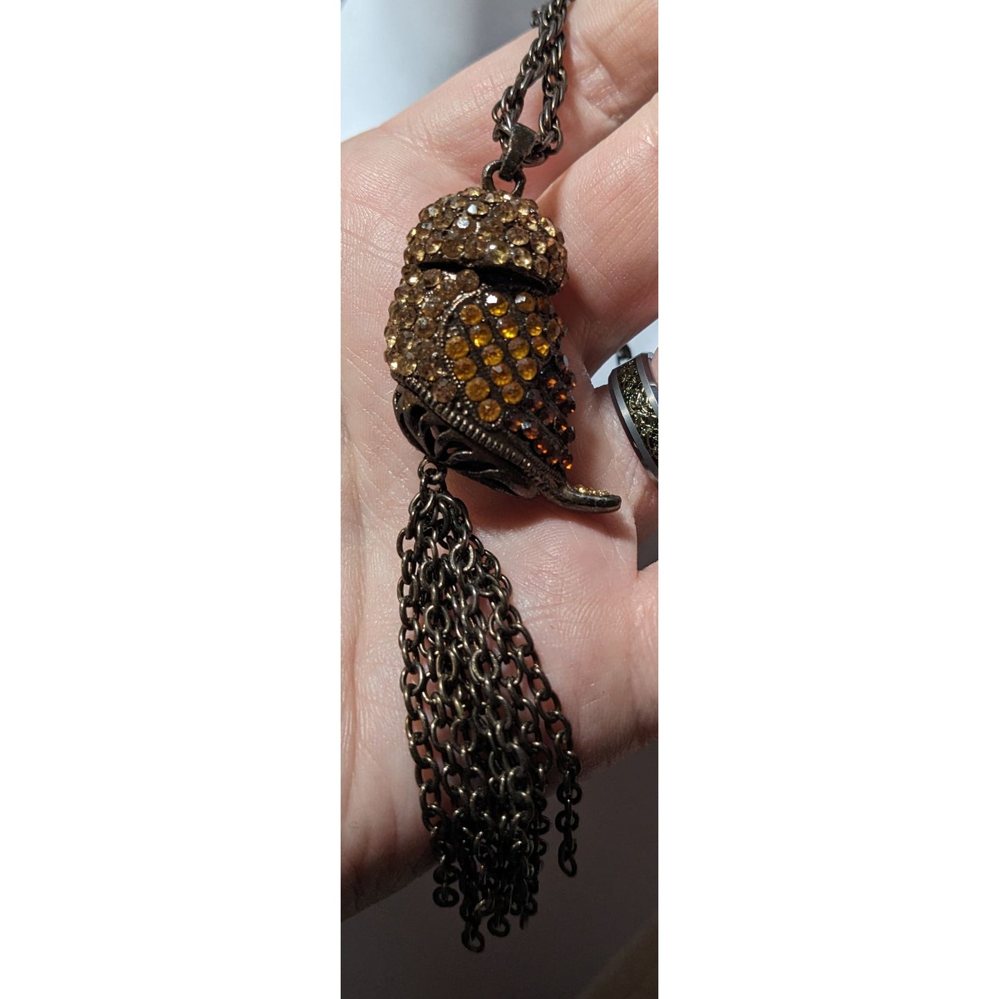 Vintage 3D Rhinestone Antiqued Gold Tone Owl Tassel Necklace