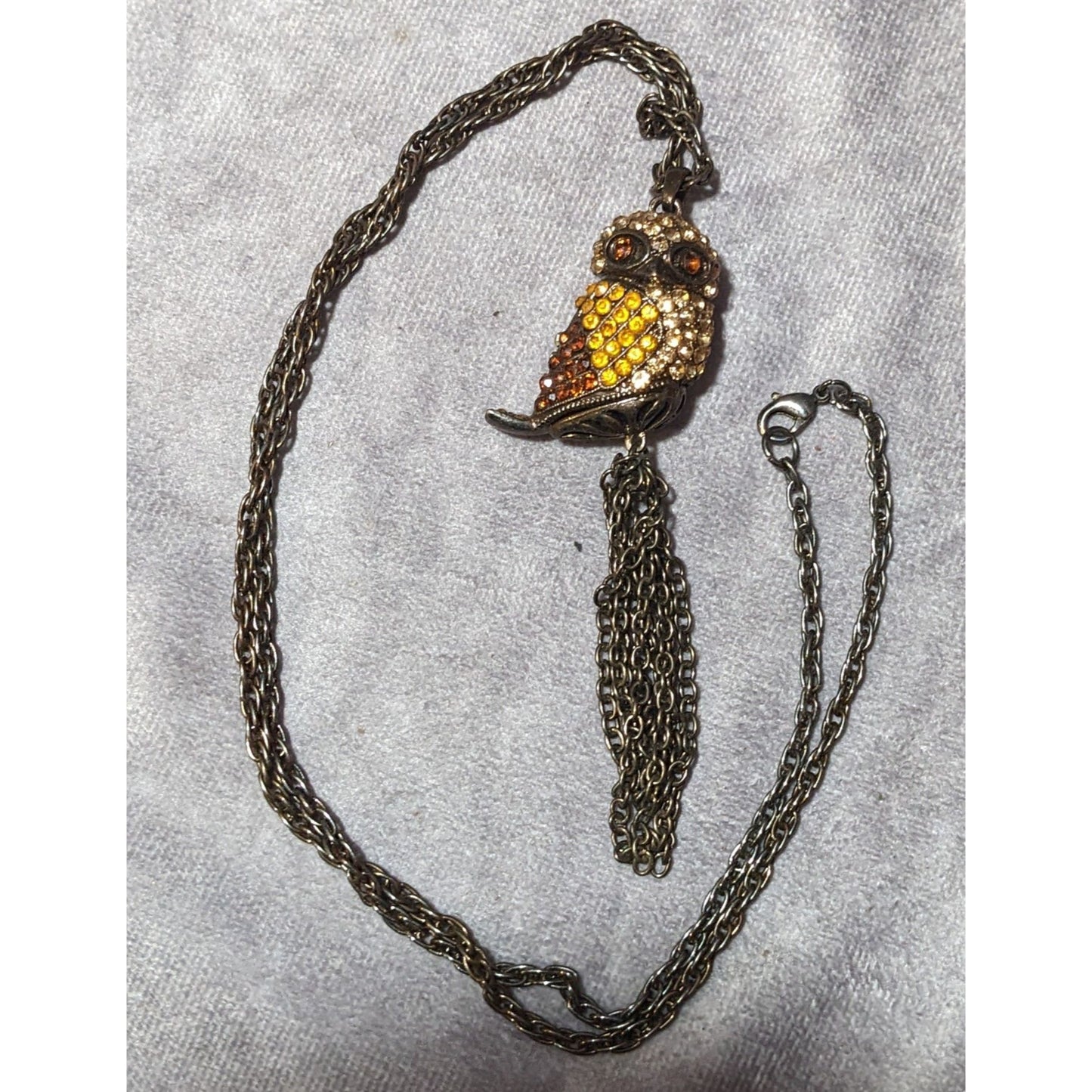 Vintage 3D Rhinestone Antiqued Gold Tone Owl Tassel Necklace