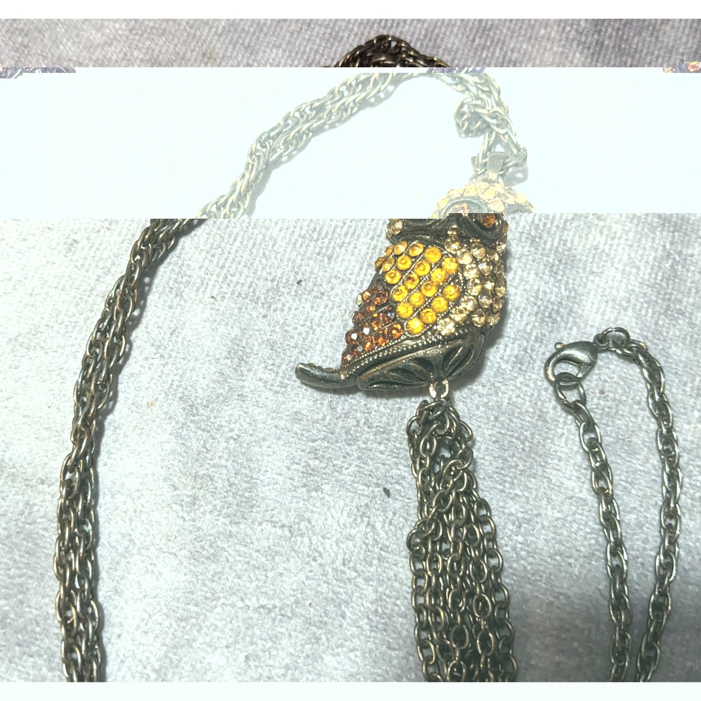 Vintage 3D Rhinestone Antiqued Gold Tone Owl Tassel Necklace