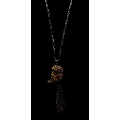 Vintage 3D Rhinestone Antiqued Gold Tone Owl Tassel Necklace