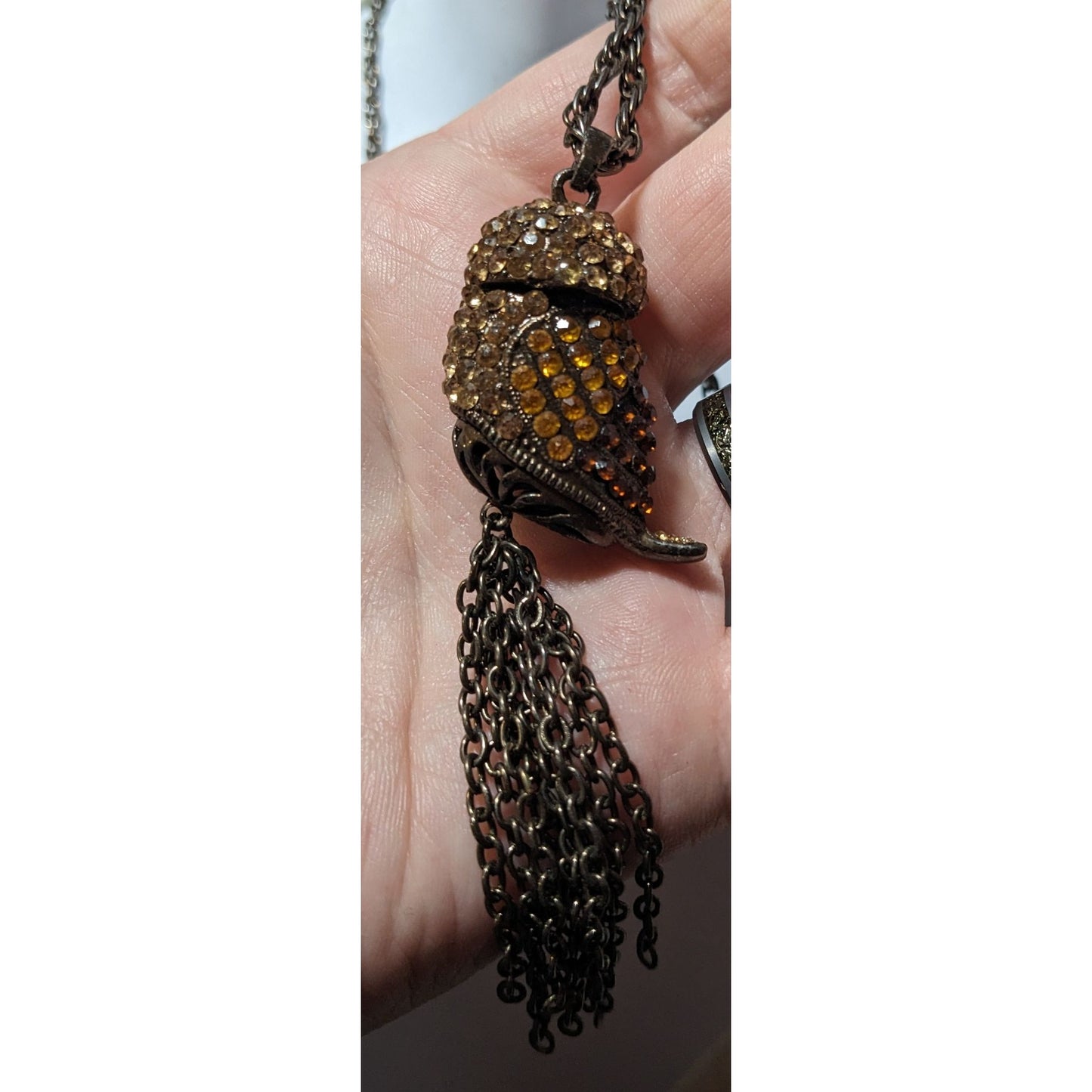 Vintage 3D Rhinestone Antiqued Gold Tone Owl Tassel Necklace