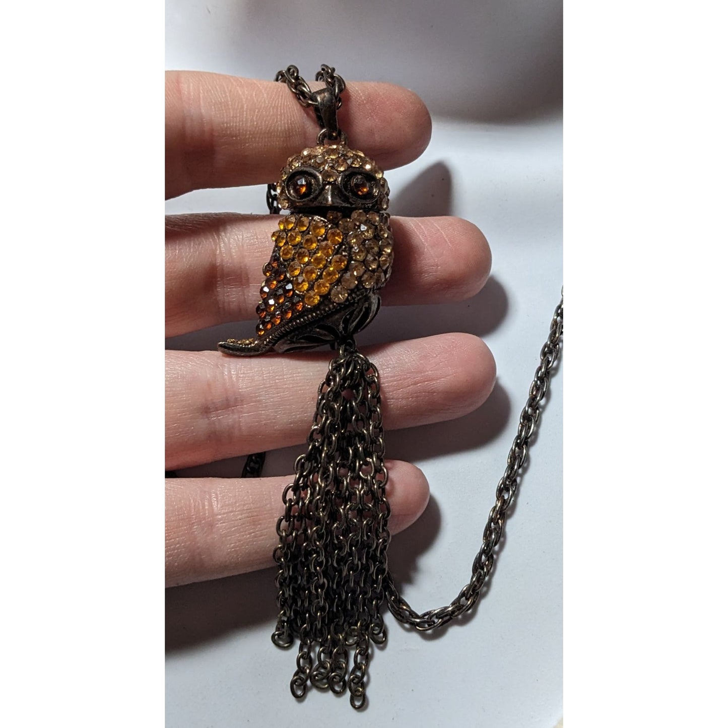 Vintage 3D Rhinestone Antiqued Gold Tone Owl Tassel Necklace