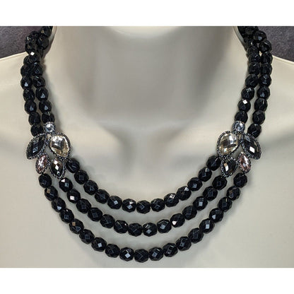 Glam Goth Black Triple-Strand Beaded Necklace With Crystal Accents