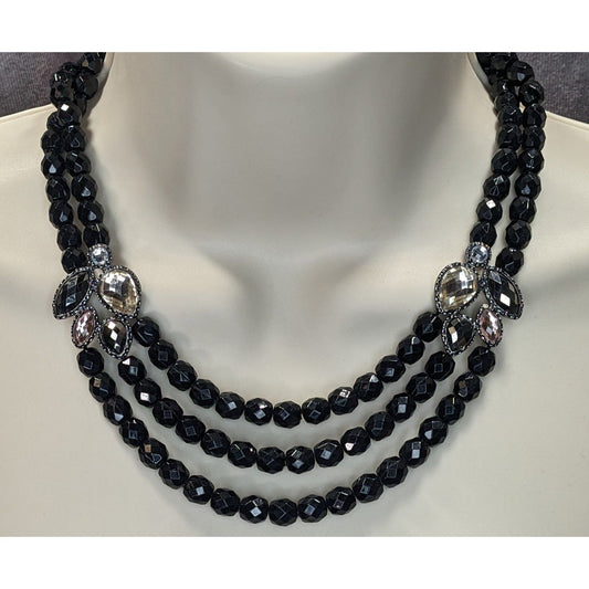 Glam Goth Black Triple-Strand Beaded Necklace With Crystal Accents