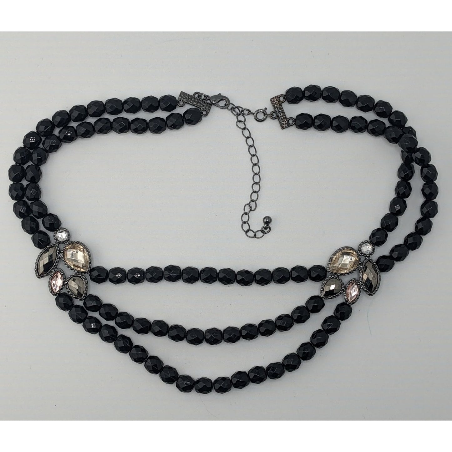 Glam Goth Black Triple-Strand Beaded Necklace With Crystal Accents