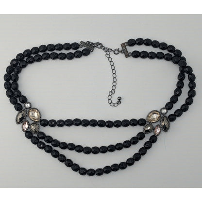 Glam Goth Black Triple-Strand Beaded Necklace With Crystal Accents