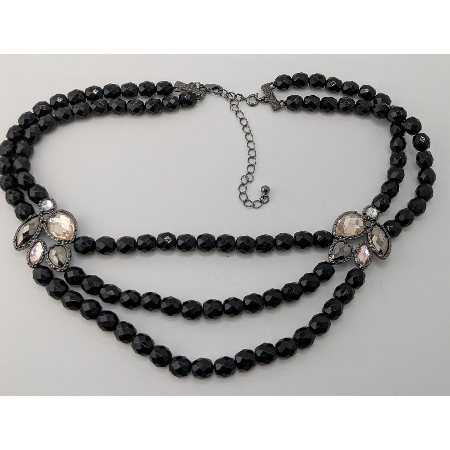 Glam Goth Black Triple-Strand Beaded Necklace With Crystal Accents