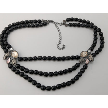Glam Goth Black Triple-Strand Beaded Necklace With Crystal Accents
