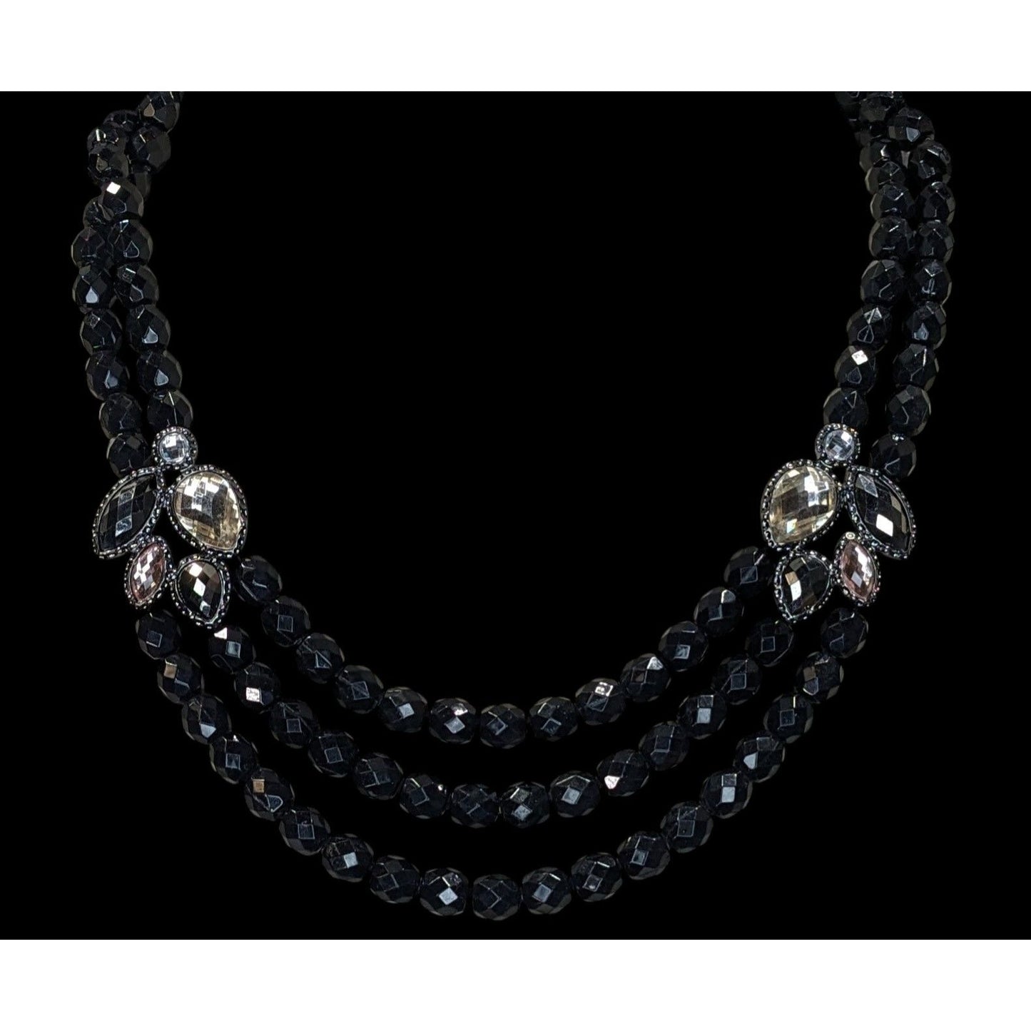 Glam Goth Black Triple-Strand Beaded Necklace With Crystal Accents