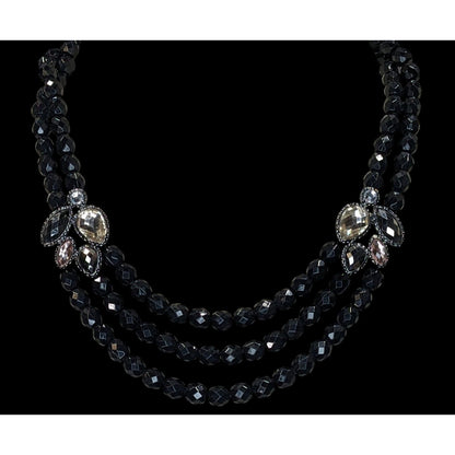 Glam Goth Black Triple-Strand Beaded Necklace With Crystal Accents