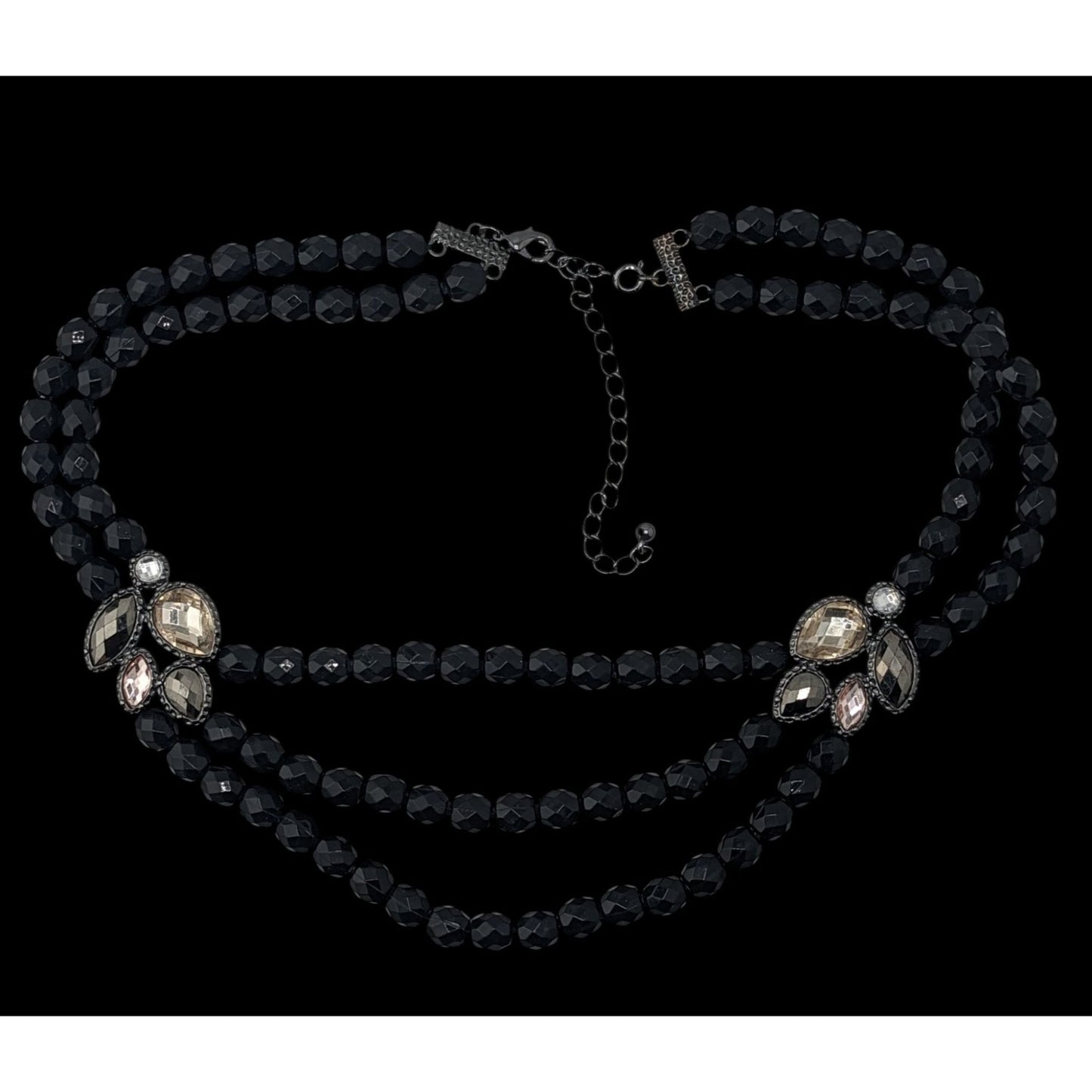 Glam Goth Black Triple-Strand Beaded Necklace With Crystal Accents
