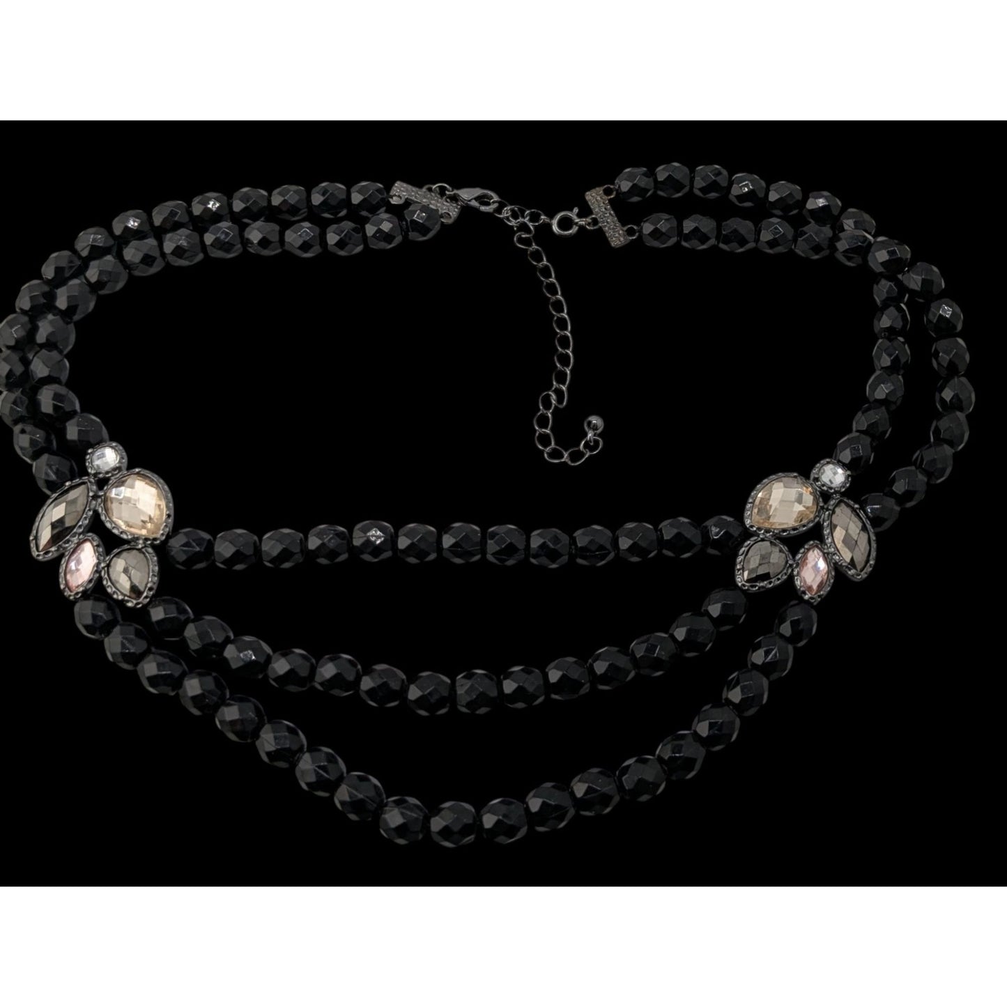 Glam Goth Black Triple-Strand Beaded Necklace With Crystal Accents