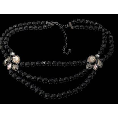 Glam Goth Black Triple-Strand Beaded Necklace With Crystal Accents