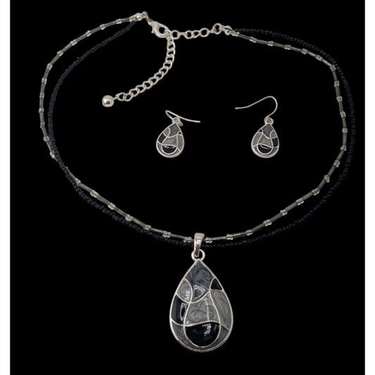 Goth Vintage Kenneth Cole Black Enamel Teardrop Necklace Earrings Set