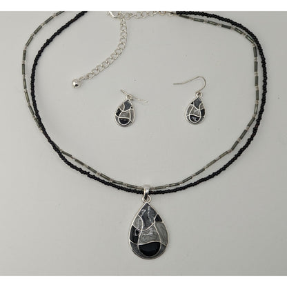 Goth Vintage Kenneth Cole Black Enamel Teardrop Necklace Earrings Set